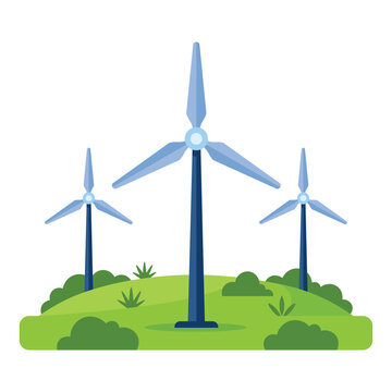 Wind turbine set icon showing three turbines on green landscape