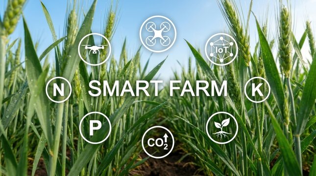 Modern agricultural technology in a wheat field with icons.