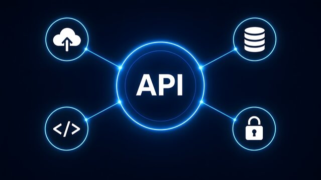API application programming interface concept with cloud computing database coding and cybersecurity icons on dark blue glowing background