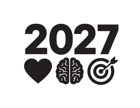 Minimalist 2027 new year design featuring heart brain and target icons for goals and passion