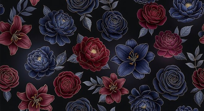 Dark floral pattern with red roses and leaves