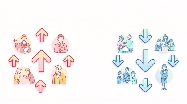 敬語と謙譲語の概念をわかりやすく表したビジネスイラスト
丁寧語・尊敬語・謙譲語の対比と使い分けのインフォグラフィック
人間関係や立場・上下関係を表現した矢印と人物のイラスト素材
ビジネススキルとマナーにおける表現方法の違いのベクター素材