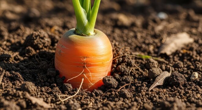 Organic carrot growing in the earth during bright day light on field.
