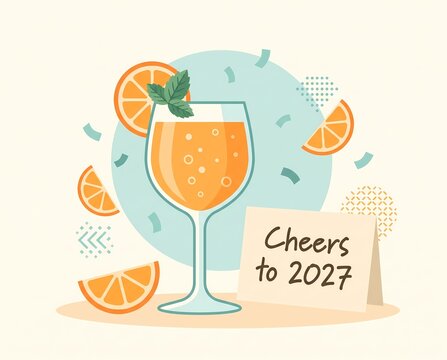 cheers to 2027 orange cocktail drink flat illustration greeting card - ai generated