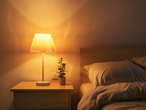 Photorealistic bedroom nightstand with warm glowing table lamp and neatly arranged bed linen