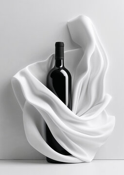 Dark glass wine bottle wrapped in elegant white flowing fabric