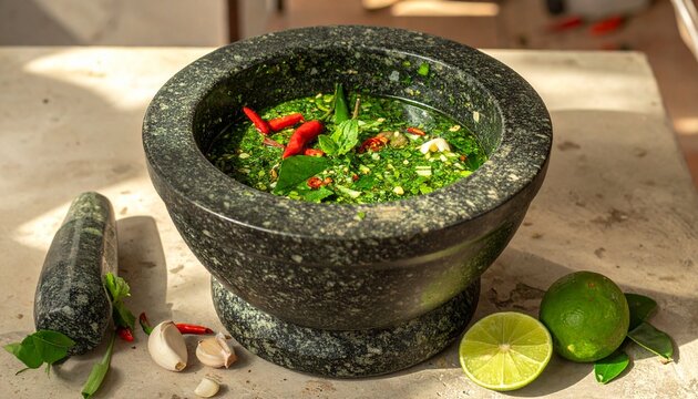 Fresh herbs and lime in stone mortar on rustic table.