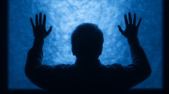A silhouette of a person against a blue background. Hands pressed against the glass, a pose of despair or entrapment. High contrast, dramatic lighting.