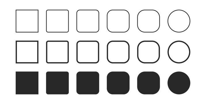 Shape progression from square to circle icon set with outline and filled rounded square geometric shapes