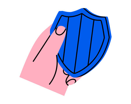 Hand drawn illustration human hand holding shield. Flat vector insurance and protection guarantee sticker doodle. Guardian, care service or security system icon. Personal data privacy. Isolated.