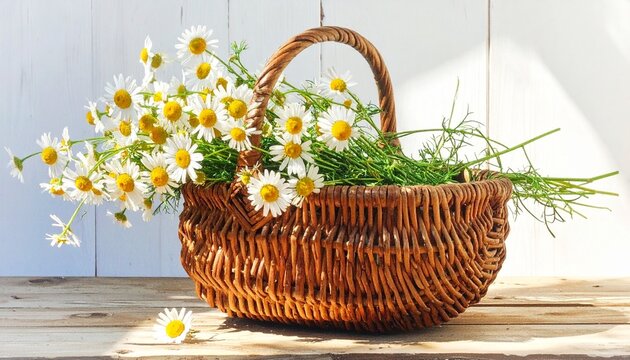 Wicker basket filled with fresh white daisies on wooden table.