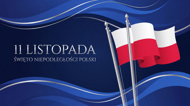 A celebratory banner for Poland Independence Day (11 Listopada) featuring the Polish national flag waving on a blue background with elegant silver wave designs.