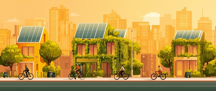Illustration of an eco-friendly urban street with green buildings, solar panels and trees. Sustainable city architecture promoting renewable energy and environmentally friendly urban design.