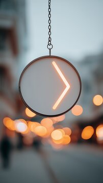 Minimal hanging circular sign with a glowing arrow symbol pointing right. Modern urban signage concept for navigation, direction and wayfinding in city environments.