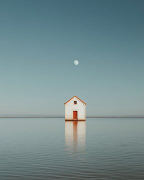 A small red house floating on calm blue water, with a perfect mirror reflection under a large full moon in the twilight sky, evokes thoughts of solitude and serenity.