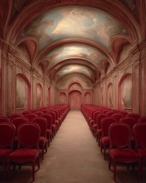 A luxurious baroque hall with frescoes on the ceiling and rows of red chairs, an ideal space for theater, concerts, and events.