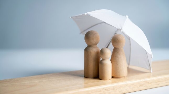 Wooden figures under a white umbrella on a table.