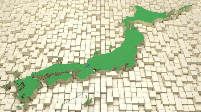 3D Japan Map Emerging from Geometric Blocks, Topographic Geography Concept