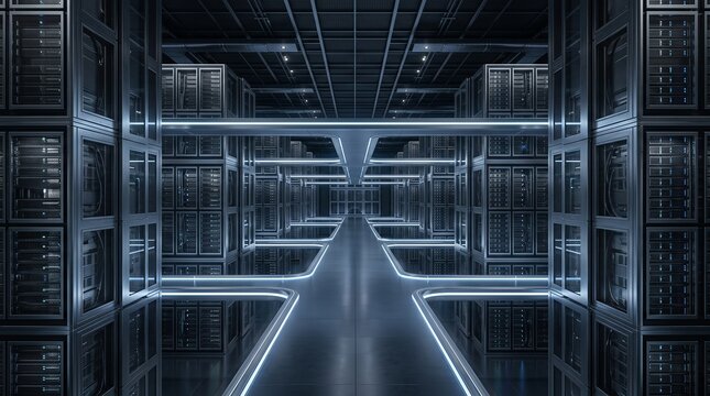 data center server room cloud computing it infrastructure server racks data storage network operations center supercomputer mainframe tech facility cyber security hardware