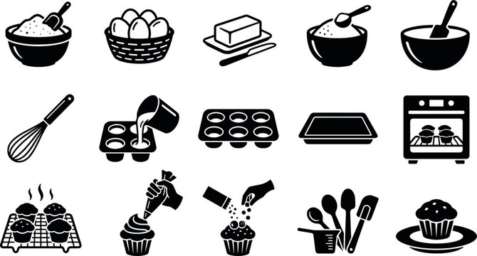 Baking and pastry cooking step by step silhouette icon set vector illustration featuring flour eggs butter whisk oven cupcakes muffin trays and culinary bakery branding elements