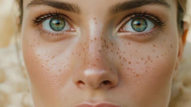 Close-up of a woman's eyes and freckled face. Soft focus highlights natural skin texture and green irises. Blonde hair frames the face gently. Freckles dot cheeks and nose with subtle detail