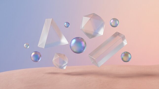3d rendering abstract art geometric shapes glass objects transparent figures pastel background gradient backdrop floating elements minimalist design modern sculpture
