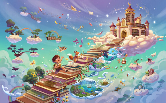 A young boy climbs a magical staircase of floating storybooks leading to a majestic dreamlike castle in the clouds