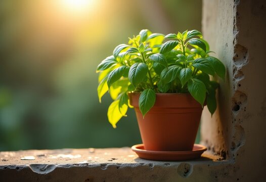 Fresh basil plant in terracotta pot on stone ledge