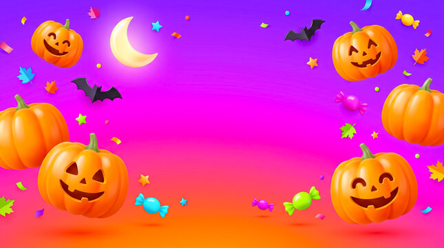 Cheerful Halloween pumpkin jack-o'-lanterns with bats, candy, and glowing moon for festive holiday graphics