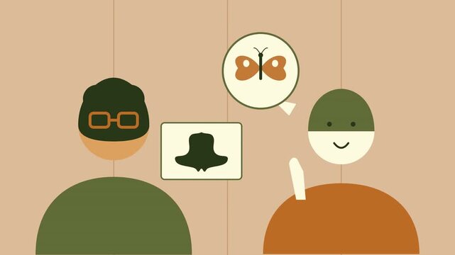 job interview with interviewer colored cartoon vintage rustic style rorschach assessment candidate seeing butterfly hd