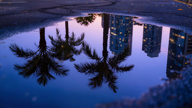Palm tree and city skyline reflection in a puddle at sunset