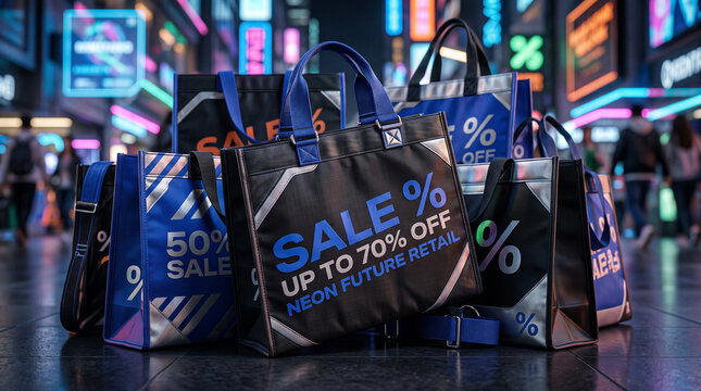 Neon urban shopping: up to 70 off sales in futuristic retail bags at night