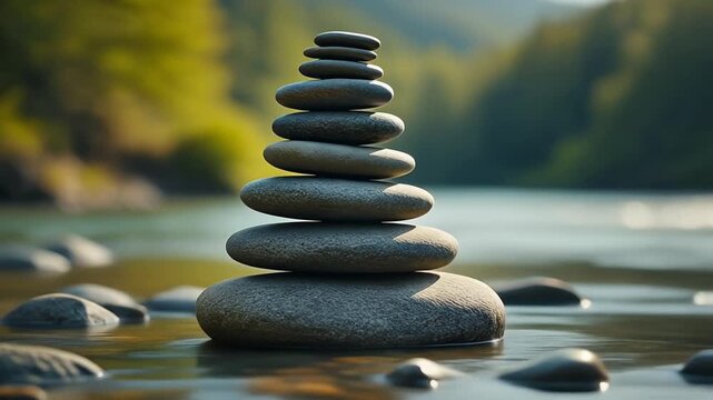 Zen Stacked Stones Balancing on Water, Serene Nature Landscape, Harmony, Peace, Meditation