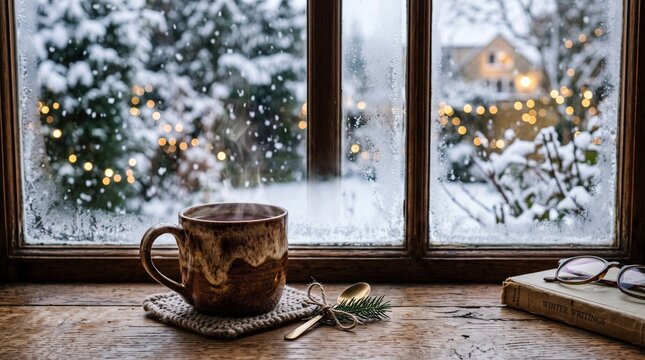 winter morning snowy window cozy cup coffee steaming mug hot chocolate winter scene snowy landscape frosty windowpane wooden windowsill winter aesthetics hygge lifestyle