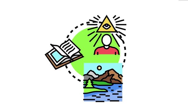 Individual nurturing emotional well being through knowledge from an open book, finding inner peace, and connecting with nature landscapes under a spiritual eye symbol