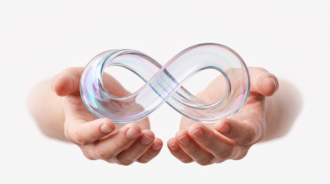 Hands holding transparent glass M&ouml;bius loop symbolizing infinity and continuity