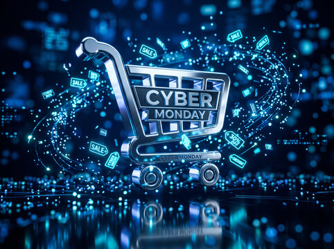 Cyber monday shopping cart with digital sale tags and glowing discounts