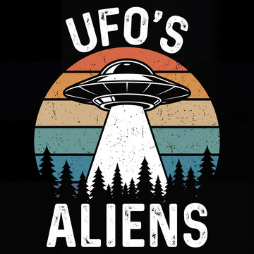 Vintage UFO alien spaceship, retro sunset graphic, sci-fi forest illustration
