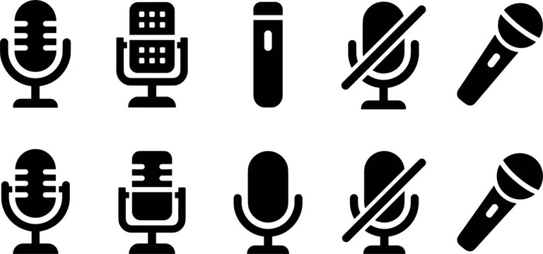 Audio recording microphones and podcasting solid glyph icon set featuring studio mic equipment wireless audio voice recorders muted symbols vector illustrations for interface layout design