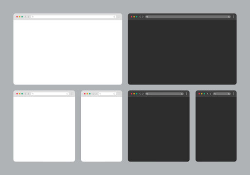 Browser Window UI Kit. Modern Web Browser Mockup Templates in Light and Dark Mode. Blank Internet Window Interface Collection. Flat Vector Illustration.