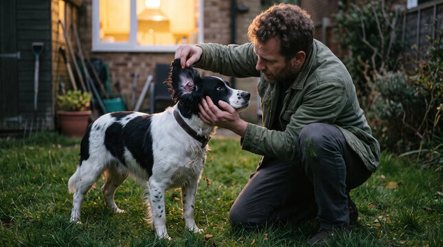 Man checking spaniel floppy ear for ticks in back garden
