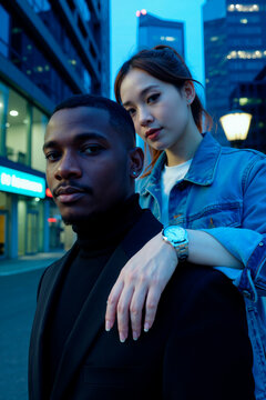 Portrait of Black man and Asian woman posing in city street, presenting modern multicultural partnership and urban lifestyle. Ideal for diversity marketing, vertical