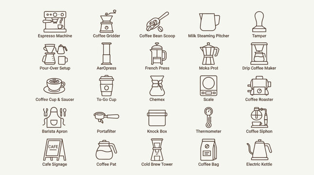 Collection Of Classic Coffee Brewing Equipment Icons.