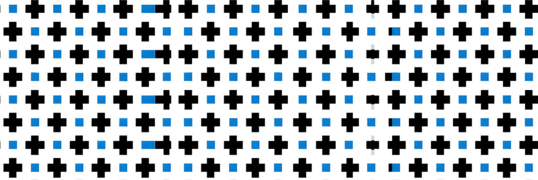 Small black and blue square and cross elements against a pure white backdrop. A monochromatic geometric, seamless pattern. A simple, two-dimensional vector illustration. With a texture.