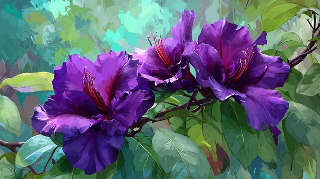 Vibrant purple royal empress tree flowers blooming beautifully with soft green foliage in this detailed digital painting art style illustration