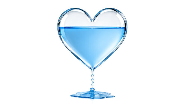 Blue Water Leaking from a Glass Heart, Love and Emotion Concept 3D Illustration