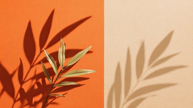 Dried palm leaf lying on divided orange and beige paper background with sharp natural sunlight shadows casting elegant botanical silhouettes
