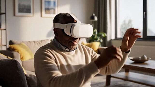 A man sits on a couch wearing a virtual reality headset. Sunlight comes through the window, and he is focused on the experience. The room has simple furniture