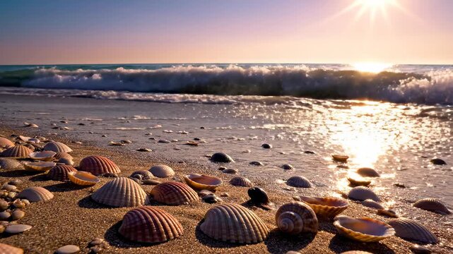 Waves gently crash on the sand as shells are scattered along the beach. The sun sets in the distance, creating a warm glow. This peaceful moment captures nature's beauty