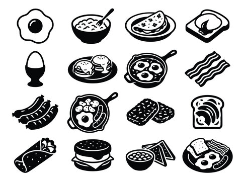 Breakfast food icons in a black and white vector style feature eggs, bacon, pancakes, sausage, toast, and other morning meal items.